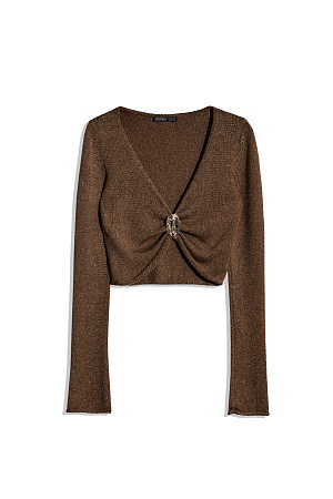 коричневый Трикотажный топ из вискозы с люрексом. Модель укороченного силуэта с длинными рукавами, валиками на манжетах, глубоким V-образным вырезом декольте и акцентным элементом на лифе.