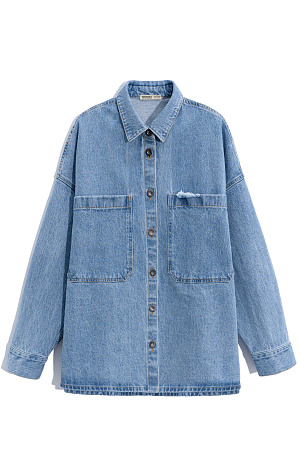 синий Джинсовая рубашка из 100% хлопка. Модель прямого силуэта с классическим отложным воротником, длинными рукавами и двумя большими нагрудными карманами. Застежка на металлические пуговицы.