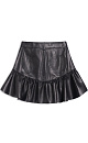 Юбка длины мини на кокетке, выполненная из экокожи. Модель с рельефными швами и шлевками на поясе для ремня. Задние карманы выполнены в виде сердечек. Застежка на молнию и пуговицу.