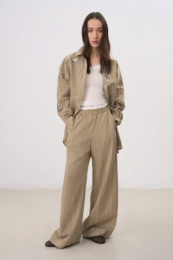 Полосатые брюки из вискозы и льна
