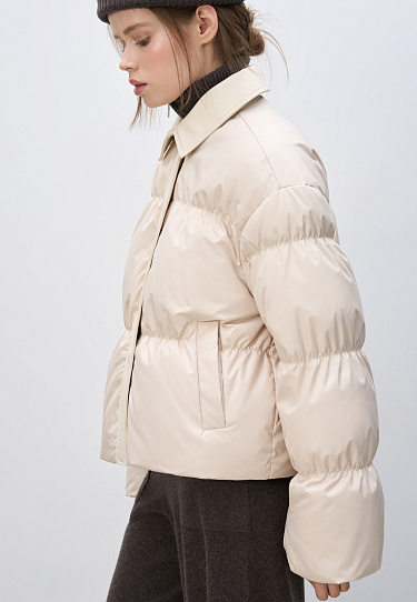 Пуховик с отложным воротником из экокожи