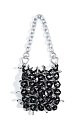 Сумочка, выполненная путем переплетения бусин-кристаллов. Модель с одной короткой ручкой с карабинами-сердечками. Непрозрачный мешочек в комплекте. Высота изделия составляет 12 см, длина цепочки - 69 см.