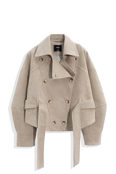 Двубортный короткий тренч под замшу