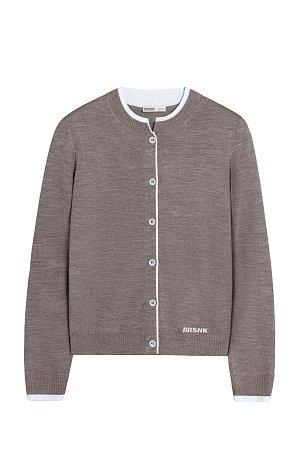 бежевый Трикотажный кардиган из шерсти с добавлением акрила. Модель свободного силуэта с контрастными манжетами и воротничком. Изделие декорировано брендированным жаккардом. Застежка на пуговицы.