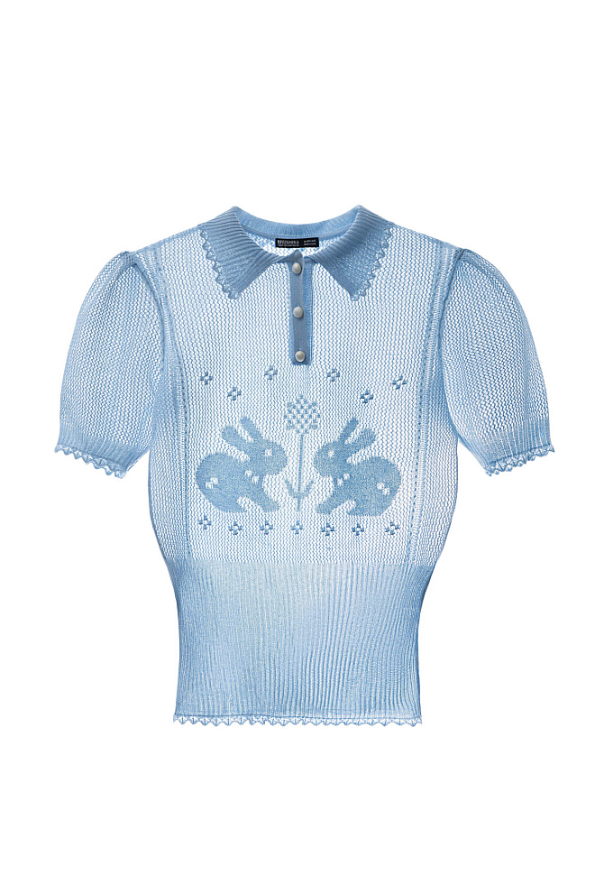 Поло из вискозы с ажурным рисунком
