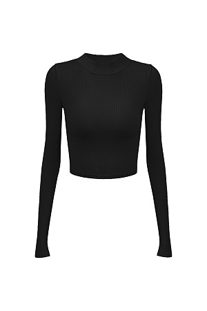 черный Трикотажный кроп-топ из вискозы с длинным рукавом, круглым вырезом горловины и фигурным низом. Края изделия выполнены в рубчик.