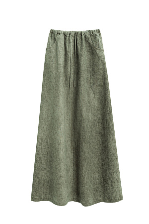 хаки Юбка из 100% льна длины макси. Модель А-силуэта, с двумя боковыми карманами. Изделие выполнено с поясом на кулиске.