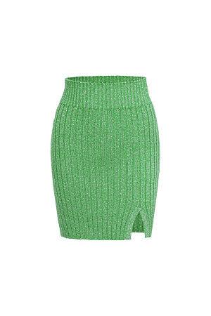 зеленый Юбка длины мини из вискозы с добавлением люрекса. Модель приталенного силуэта с широким эластичным поясом и разрезом спереди. Дополнить образ можно топом в таком же стиле. 