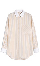 Рубашка, выполненная из 100% хлопка, с принтом в полоску с отнотонными манжетами и отложным воротником. Модель прямого кроя со спущенной линией плеч. Рубашка с двумя вариантами застежки: классическим и наискосок. 