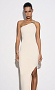 Платье длины макси на одно плечо. Изделие выполнено в рубчик и декорировано акцентным элементом на плече и перекрутом на спине. Модель приталенного силуэта с разрезом спереди.