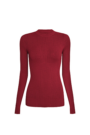 бордовый Цельновязаная полупрозрачная водолазка из шерсти. Модель с длинными рукавами и круглым вырезом. Изделие выполнено в рубчик.