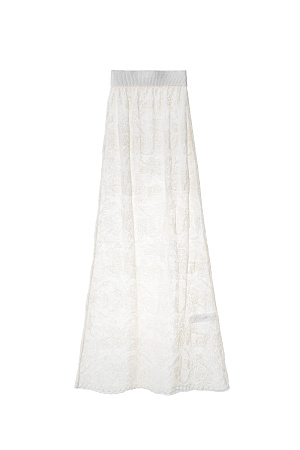 молочный Ажурная юбка длины макси из шерсти беби альпака и супер кид мохера. Модель с эластичным поясом. Низ изделия декорирован кружевной каймой. Без подкладки.