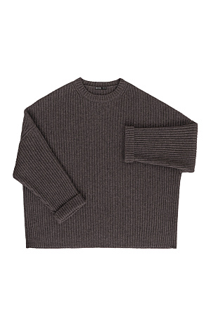коричневый Трикотажный джемпер из шерсти с добавлением кашемира. Модель свободного силуэта со спущенной линией плеча, отворотами на манжетах и круглым вырезом горловины. Изделие выполнено в широкий рубчик.