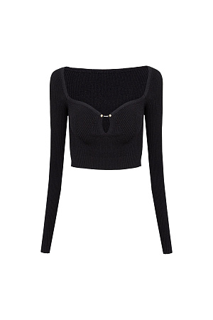 черный Трикотажный укороченный топ из вискозы в рубчик. Модель по фигуре с глубоким декольте и с декоративным элементом на лифе. Отлично сочетается с трикотажной юбкой из этой же коллекции.