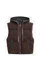 Стеганый жилет на пуху с трикотажным верхом, выполненным объемными косами из мягкой шерсти. Модель прямого кроя, с капюшоном и двумя карманами. Низ изделия выполнен на резинке. На подкладке. 
