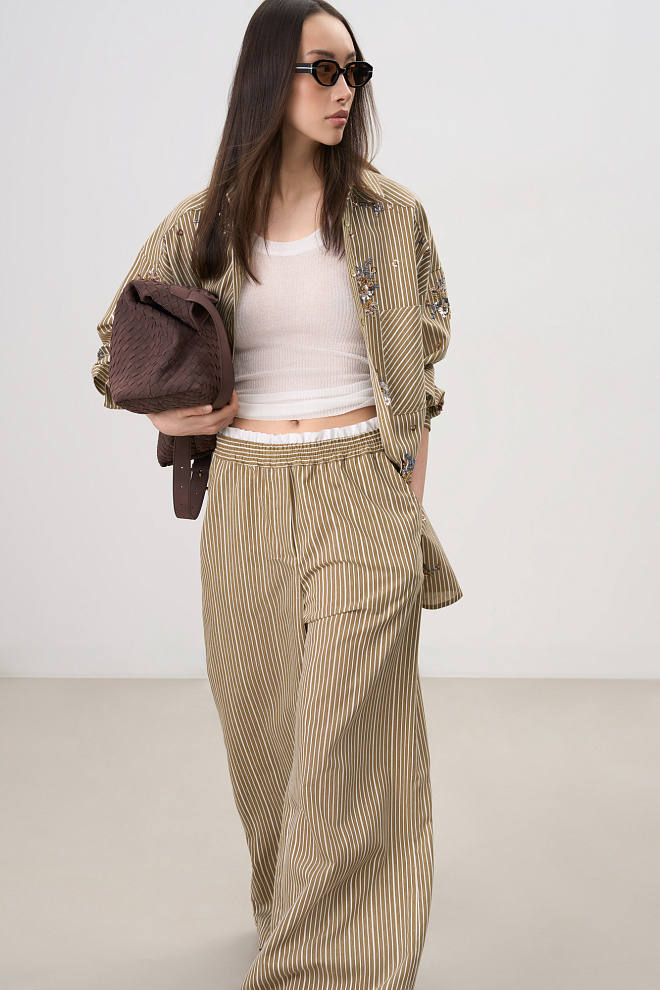 Полосатые брюки из вискозы и льна