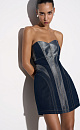 Платье длины мини из денима с металлизированной нитью. Модель по фигуре с корсетным верхом и фигурным вырезом декольте. Изделие выполнено на подкладке с накладками на бедрах для моделирования силуэта "песочные часы". Застежка на молнию сзади.