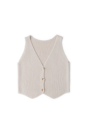 бежевый Трикотажный жилет из шерсти. Модель прямого кроя с глубоким V-образным вырезом и застежкой на пуговицы. Дополнить образ можно юбкой в таком же стиле.