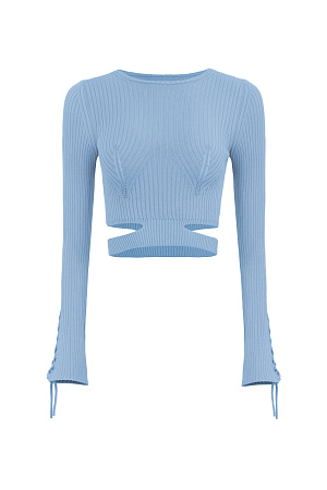 голубой Укороченный трикотажный топ из вискозы. Модель приталенного силуэта, с декоративными горизонтальными разрезами на талии, длинными рукавами, декорированными люверсами и шнуровкой, и круглым вырезом горловины. Изделие выполнено в широкий рубчик. Дополнить образ можно юбкой в таком же стиле.