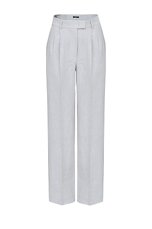 серый Брюки палаццо выполненные из 100% льна. Модель прямого кроя с защипами на талии, шлевками на поясе для ремня, карманами и застежкой на молнию и скрытый крючок. Дополнить образ можно жакетом. 