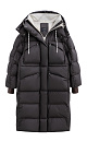 Объемный длинный пуховик. Модель с воротником-стойкой, капюшоном на кулиске и кнопках, большими нагрудными и боковыми карманами на молнии с клапанами и трикотажными манжетами в широкий рубчик. Застежка на молнию по всей длине под планкой на кнопках. Ворот изделия декорирован логотипом бренда.