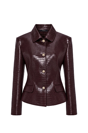бордовый Однобортный жакет из фактурной экокожи. Модель приталенного силуэта с вытачками по фигуре, отложным воротником, подплечниками, длинными рукавами и карманами с клапанами. Застежка на кнопки. Дополнить образ можно комплектной юбкой.