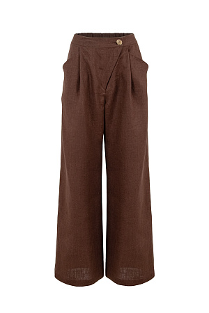 коричневый Брюки из 100% льна. Модель прямого кроя, с высокой посадкой, косой застежкой на пуговицу и молнию, боковыми карманами.