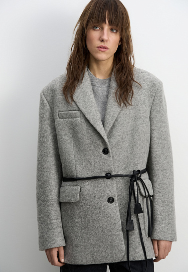 Жакет-пальто с поясом из экокожи