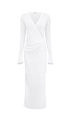 Трикотажное платье длины миди из тонкой вискозы. Модель приталенного силуэта на запах, с V-образным вырезом горловины, длинными расклешенными рукавами и кулиской на талии.