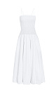Платье с юбкой-баллон длины миди из хлопка. Лиф изделия выполнен с эластичными сборками, модель без рукавов, на тонких регулируемых бретелях.