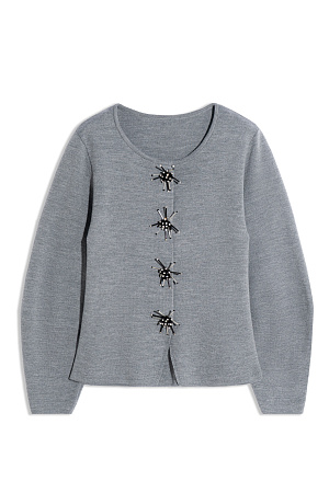 серый Трикотажный жакет из шерсти. Модель свободного силуэта с широкими рукавами и круглым вырезом горловины без лацканов. Застежка на магнитные кнопки. Изделие декорировано аппликацией из стекляруса и страз.