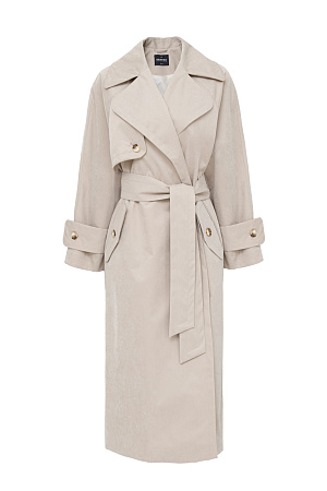 молочный Плащ выполнен из водоотталкивающего текстиля на запах. Модель свободного кроя дополнена поясом в тон, длинные рукава с хлястиками. Дополнить образ можно рубашкой и шортами.