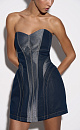 Платье длины мини из денима с металлизированной нитью. Модель по фигуре с корсетным верхом и фигурным вырезом декольте. Изделие выполнено на подкладке с накладками на бедрах для моделирования силуэта "песочные часы". Застежка на молнию сзади.