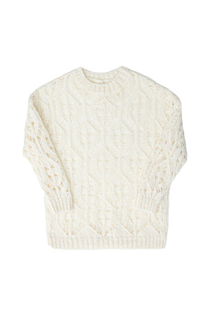 белый Трикотажный джемпер из мохера с добавлением шерсти. Модель свободного силуэта со спущенным плечом выполненная ажурным переплетением. Края изделия в рубчик.