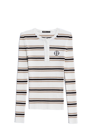 молочный Трикотажный лонгслив из вискозы. Модель с круглым вырезом горловины с планкой на пуговицах и брендированным ярлыком на груди.