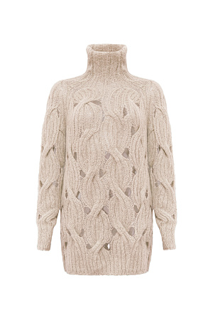 бежевый Объемный удлиненный джемпер с мохером, вязка выполнена крупными косами. Высокий ворот под горло. Манжеты рукавов и низ изделия на резинке. 