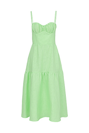 зеленый Сарафан из 100% льна. Модель на тонких регулируемых бретелях. Лиф с вшитыми чашечками, декорирован драпировкой. Верх сарафана выполнен в стиле корсета с резинкой на спинке. 