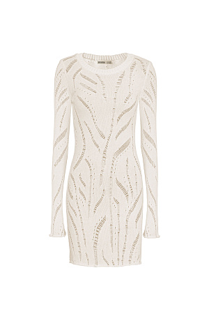 бежевый Облегающее трикотажное платье мини с расклешенными рукавами и ажурным узором на основе 100% хлопка. Край изделия выполнен с имитацией закручивания.