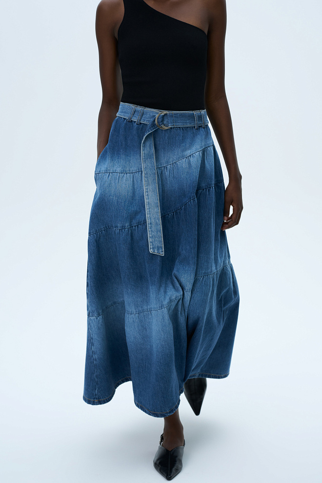 Джинсовая юбка миди с имитацией ярусов