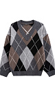 Трикотажный джемпер из кашемира с узором аргайл. Модель свободного силуэта, со спущенной линией плеча и V-вырезом горловины. Края изделия выполнены в рубчик. 