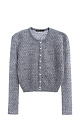 Трикотажный ажурный кардиган из кидмохера, декорированный мелкими пайетками. Модель свободного силуэта с длинными рукавами, круглым вырезом горловины и застежкой на жемчужные пуговицы. 