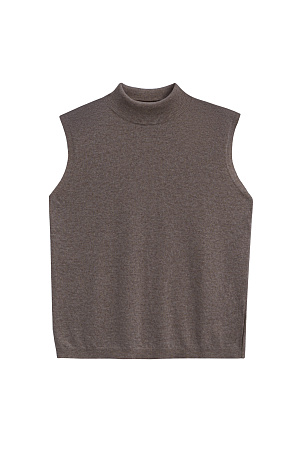 коричневый Трикотажный жилет из кашемира и шерсти. Модель без рукавов с воротником-стойкой, выполненным в тонкий рубчик.