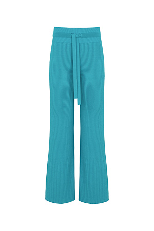 бирюзовый Трикотажные расклешенные брюки в рубчик, с разрезами снизу, высокая посадка, пояс на кулиске.&nbsp;&nbsp;