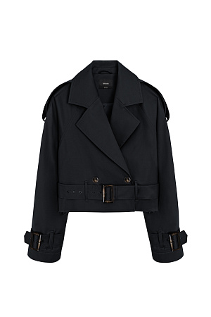 черный Жакет-косуха из плащевой ткани. Двубортная модель со спущенной линией плеч и классическим английским воротником. Изделие декорировано эполетами на плечах, широким поясом с пряжкой на талии и манжетах рукавов и имитацией необработанного края. На подкладке.