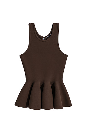 коричневый Трикотажный топ из матовой вискозы. Модель на широких бретельках с баской. Застежка на молнию сзади. Изделие без подкладки.