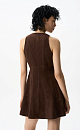 Платье длины мини из ткани с имитацией внешнего вида и свойств натуральной замши. Модель приталенного силуэта без рукавов, с круглым вырезом горловины и на широких бретельках. Застежка на молнию на спинке.