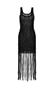 Трикотажный ажурный сарафан из 100% хлопка. Модель свободного кроя, без рукавов, на широких бретельках и U-образным вырезом. Изделие декорировано длинной бахромой.
