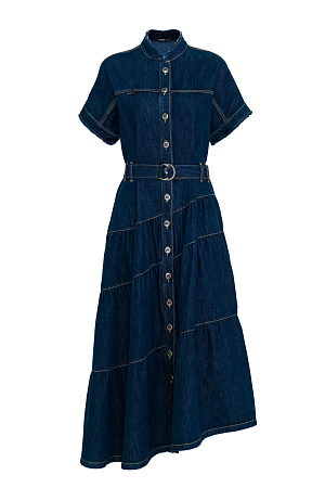 синий Джинсовое платье-рубашка с асимметричным низом и поясом в тон. Застёжка на пуговицы обеспечит удобство надевания и регулировку глубины выреза.