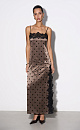 Атласное платье-комбинация длины макси в горох. Модель приталенного силуэта на тонких бретельках и высоким разрезом сбоку. Изделие декорировано кружевом.
