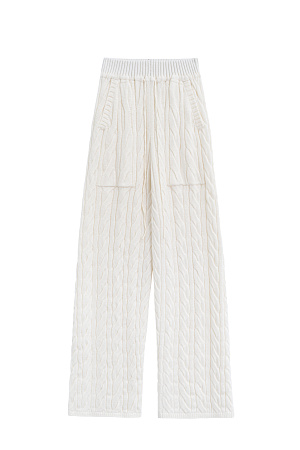 белый Прямые трикотажные брюки с объемными косами из мягкой шерсти. Широкий эластичный пояс на кулиске, передние и задние карманы и манжеты внизу. Дополнить образ можно джемпером в том же стиле.
